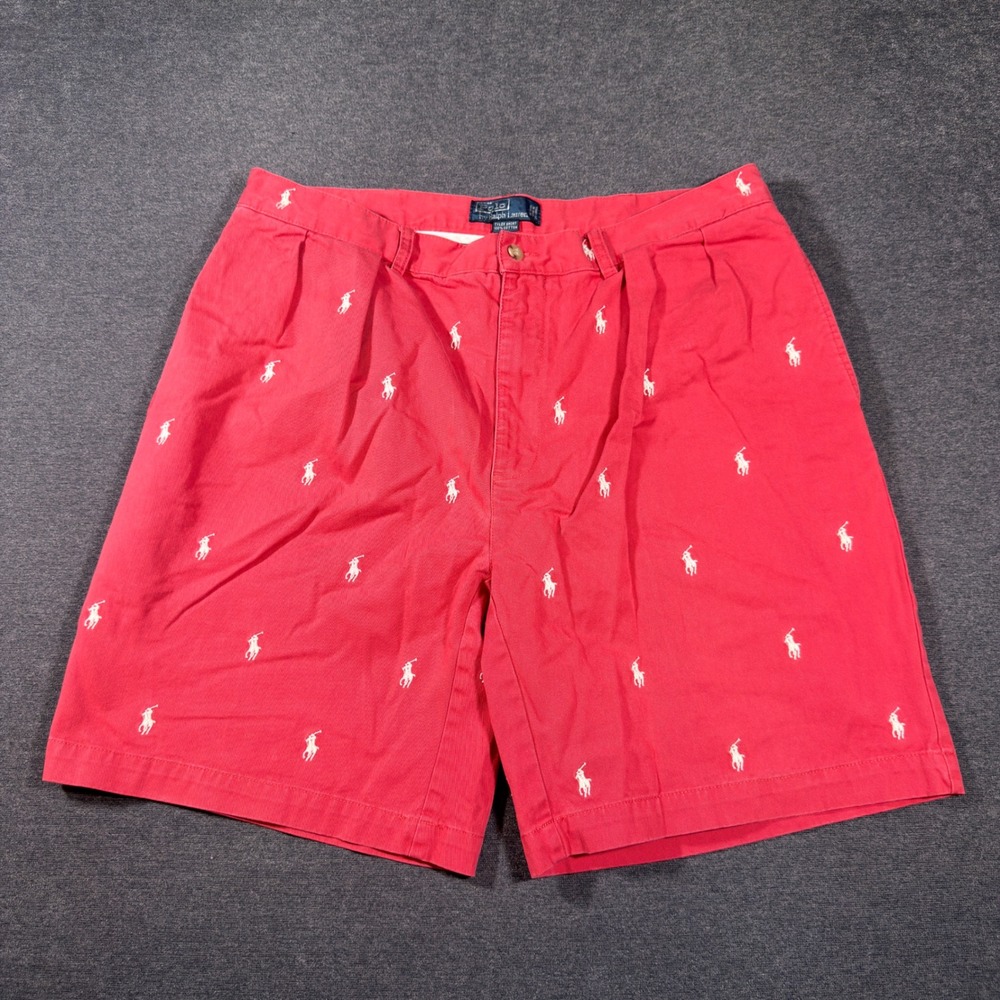 Polo Ralph Lauren Tyler Shorts Mens 38 Red All Over Pony Logo Pleated Chino 9"